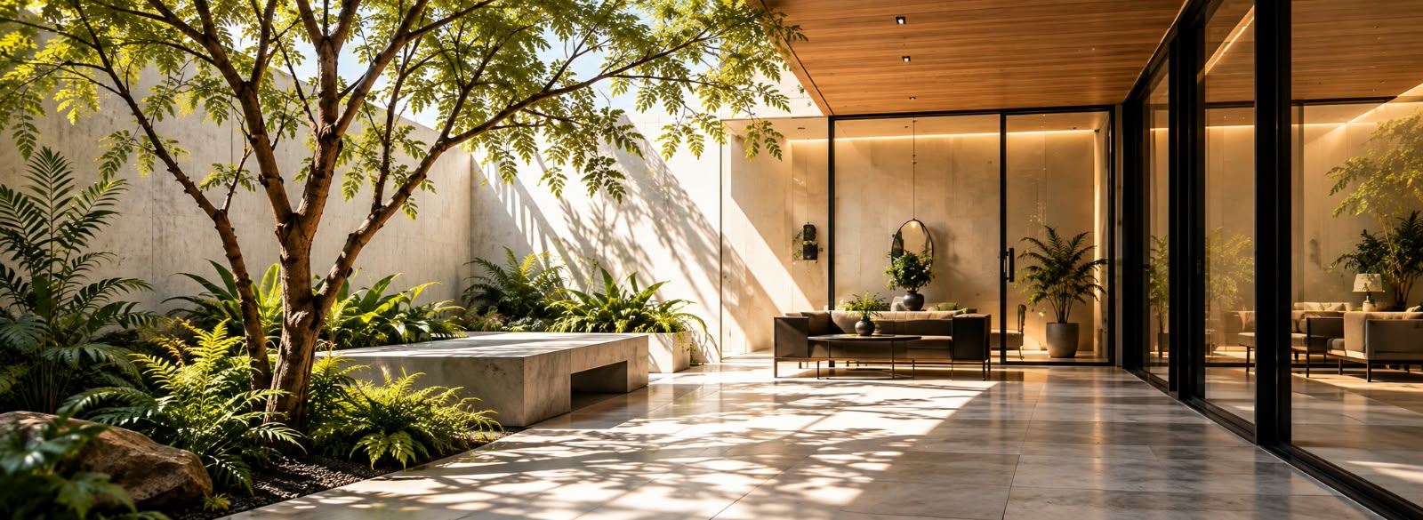 Contemporary architectural interior and courtyard design by Designs R Us, Thrissur
